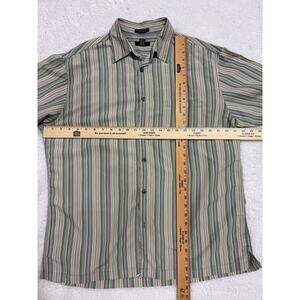 Alfani SS Button Shirt Men’s L Green Beige Striped Korea Rayon soft y2k